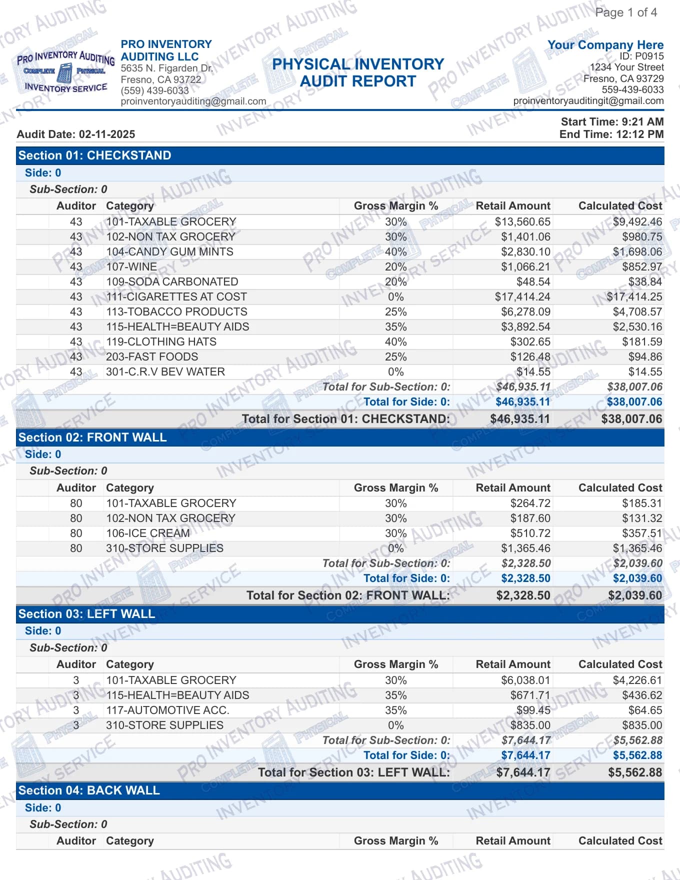 Public sample showing category retail amounts, calculated costs and the checkstand section total